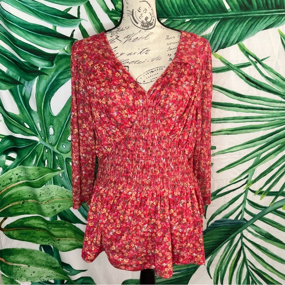 Lane Bryant 14/16 Red Floral Semi-Sheer Cinched Waist Spring Summer V Neck Top - Picture 1 of 9